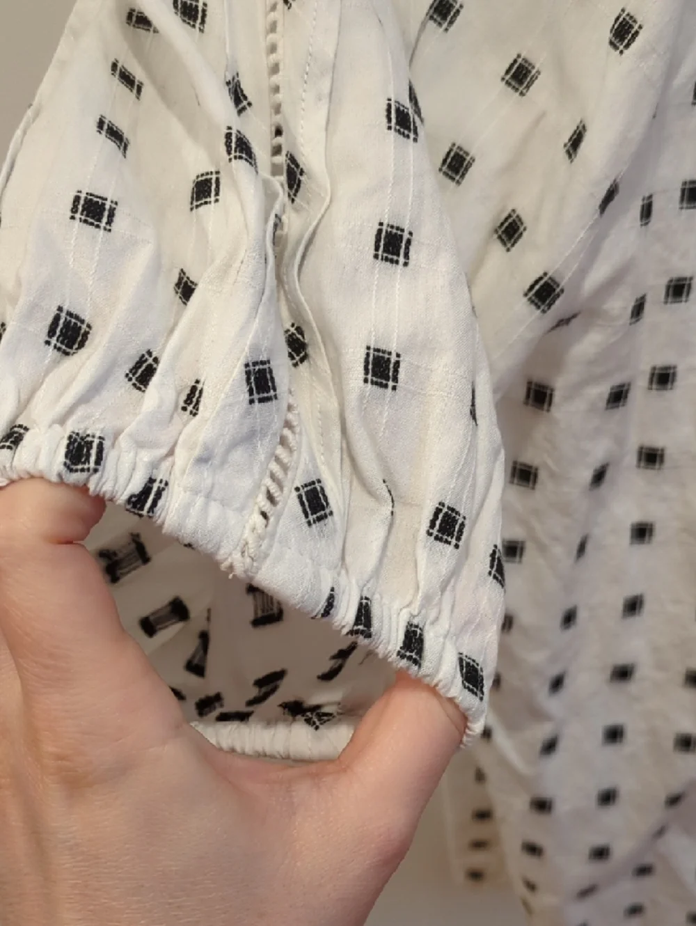 LOFT White Blouse Black Square Dot Embroidery Medium Whimsy Boho Cottage Summer